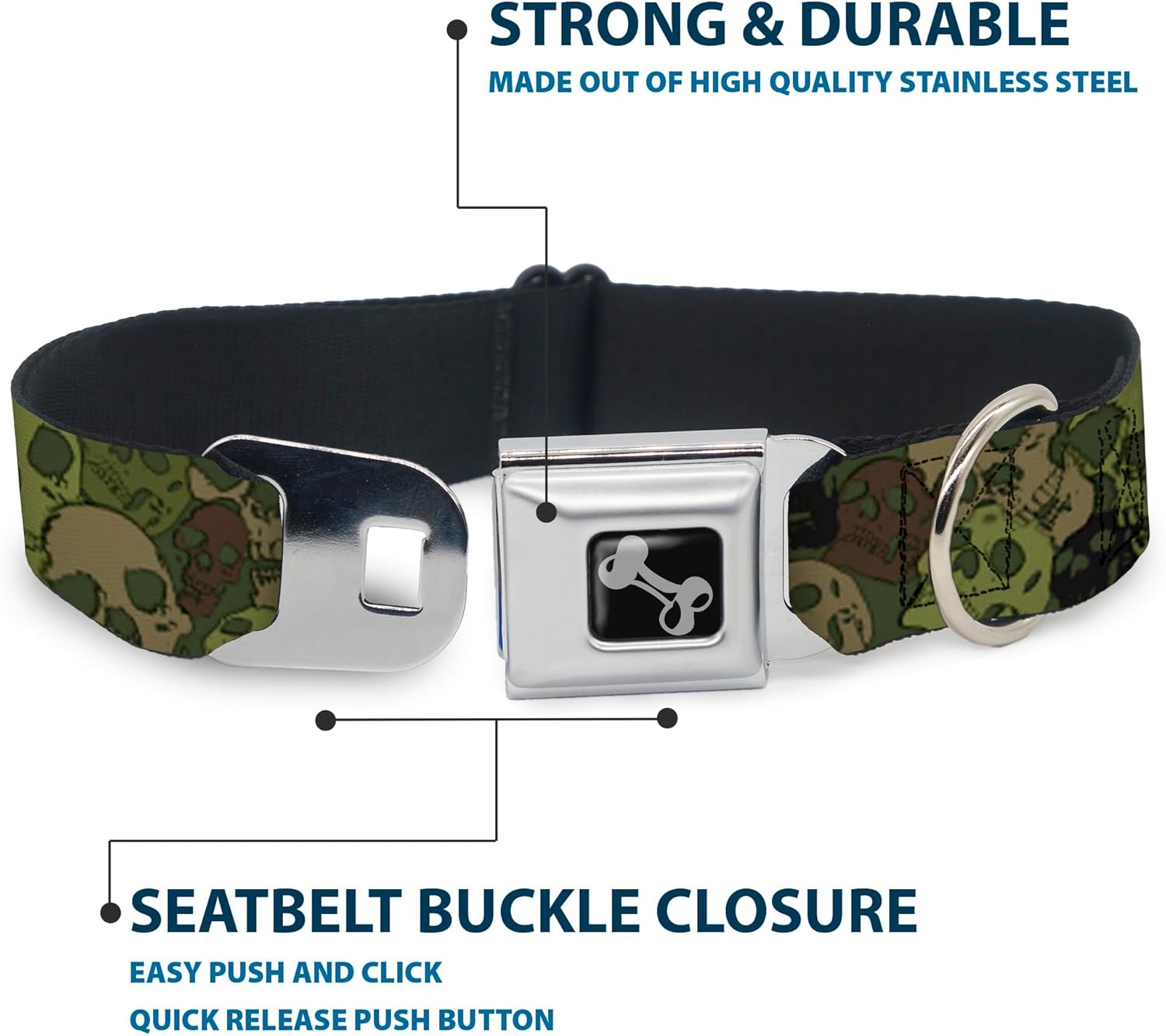 Dog Collar Seatbelt Buckle Camo Olive Skull Yard 9 to 15 Inches 1.0 Inch Wide