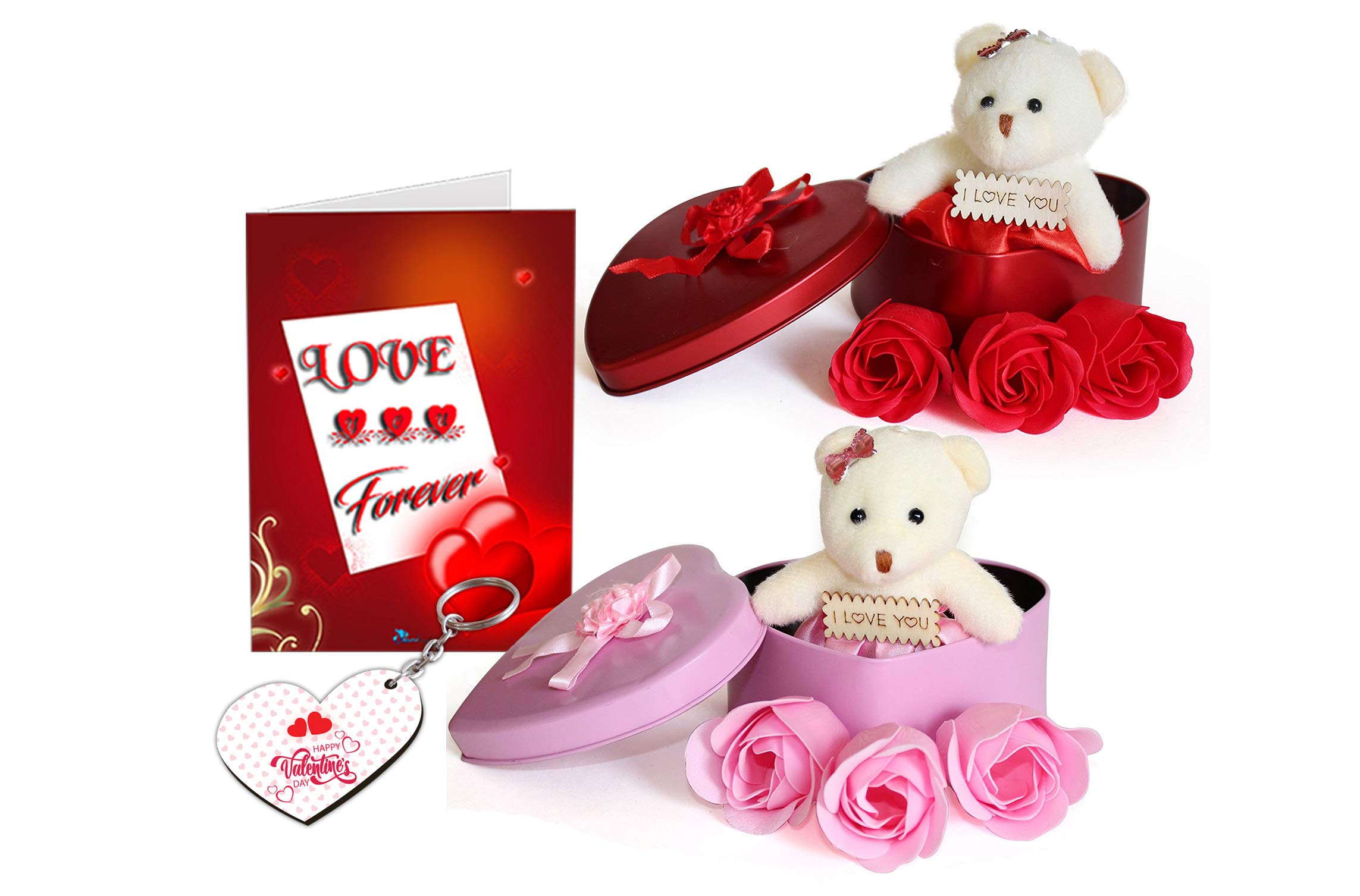 Sky Trends 2 Fabric Heart-Shaped Metal Box with Teddy and Roses with Keychain and Greeting Card-004-image-2
