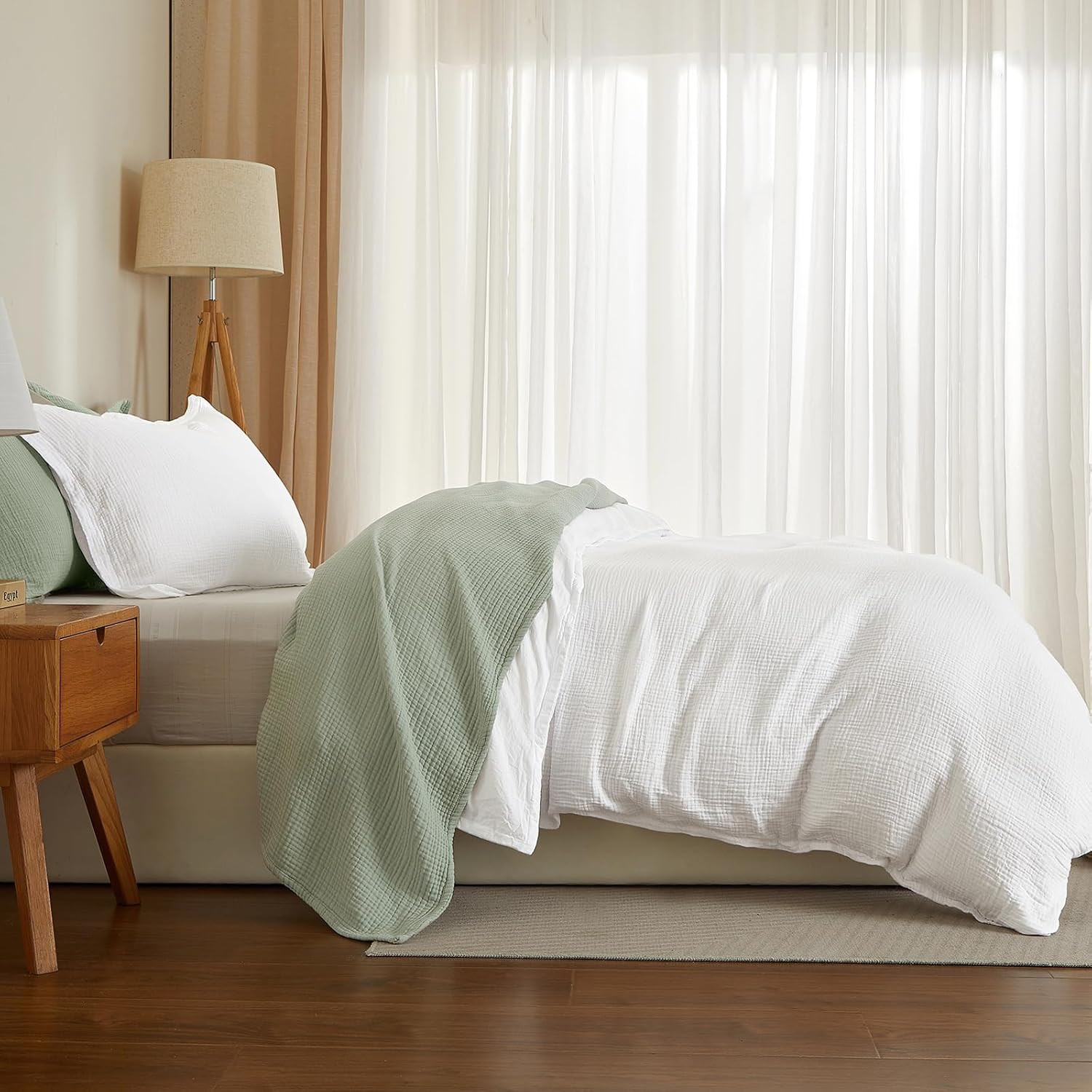 PHF Cotton Muslin Duvet Cover Queen Size, 3-Layer Ultra-Soft Lightweight Breathable Textured Guaze, Skin-Friendly Minimalist Comforter Cover Set for All Season, with 2 Pillow Shams, 90"x90", White