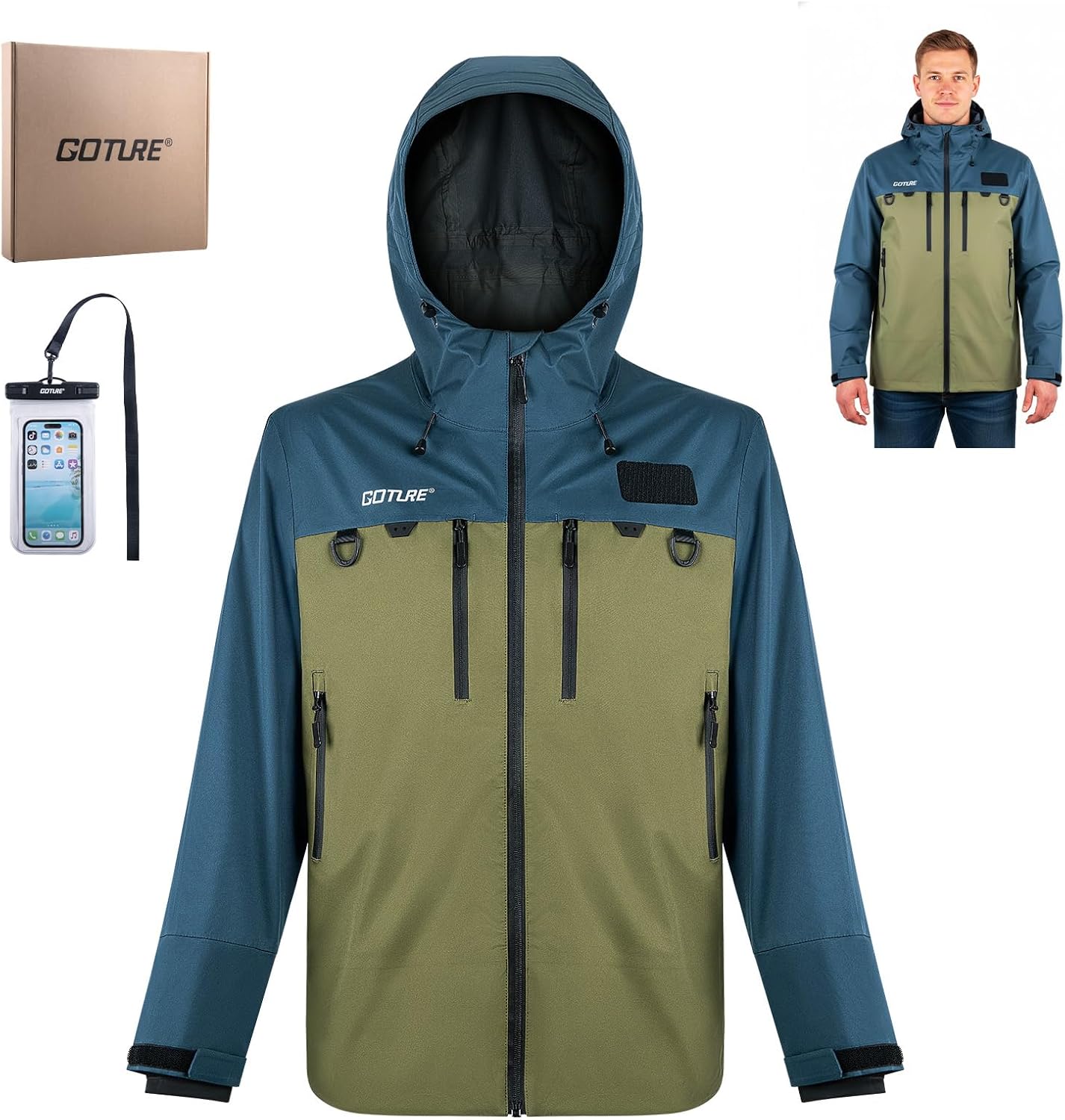 Goture Fishing Wading Jackets Breathable Waterproof Fishing Rain Jackets with Phone Dry Bag for Men Women XL