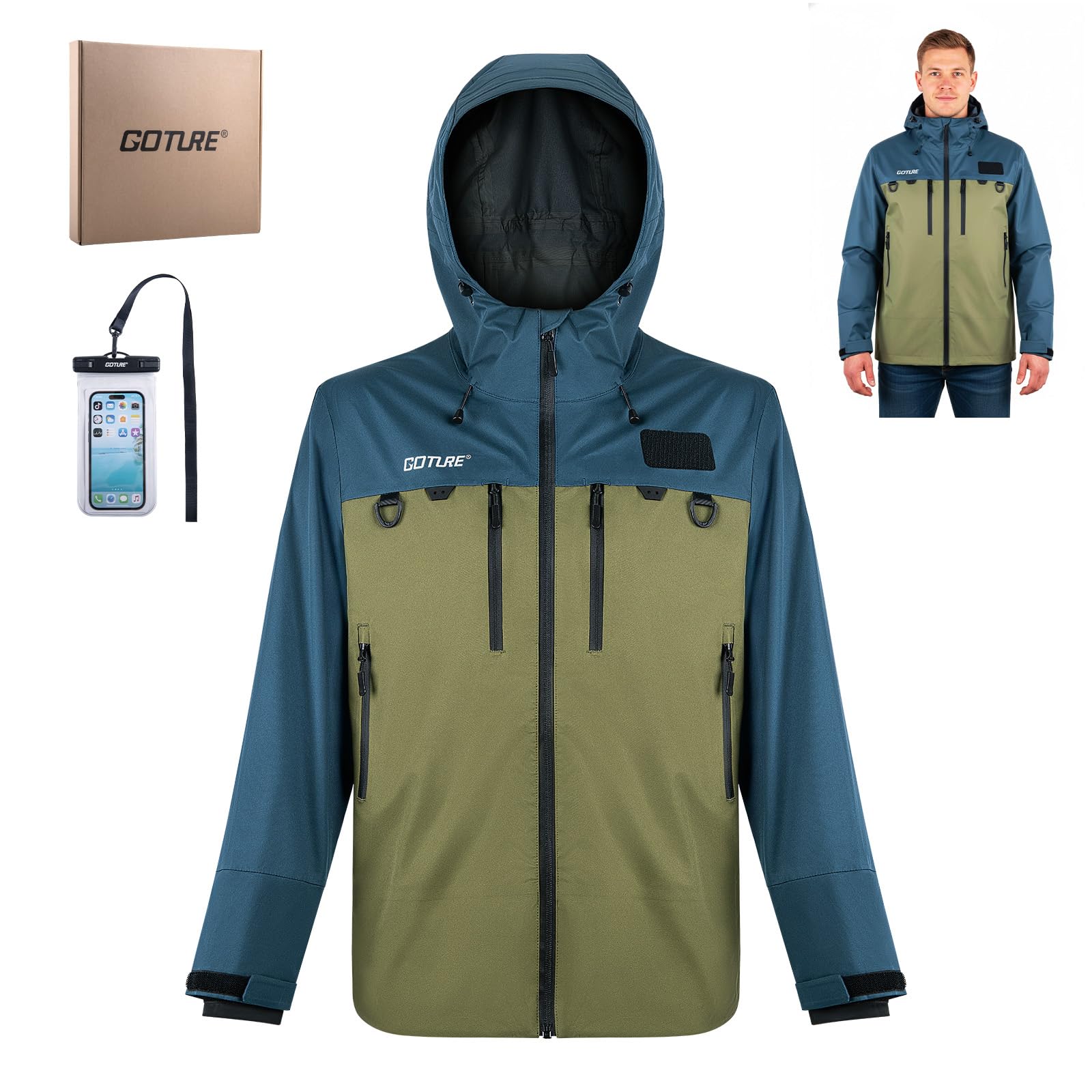 Goture Breathable Waterproof Fishing Hunting Wading Jackets for Men Women in 5 Sizes(Includes Waterproof Phone Dry Bag)