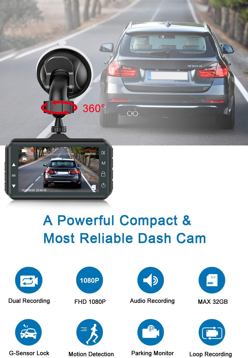 Dash cam mounted on a car windshield with 360 degree rotation indicated