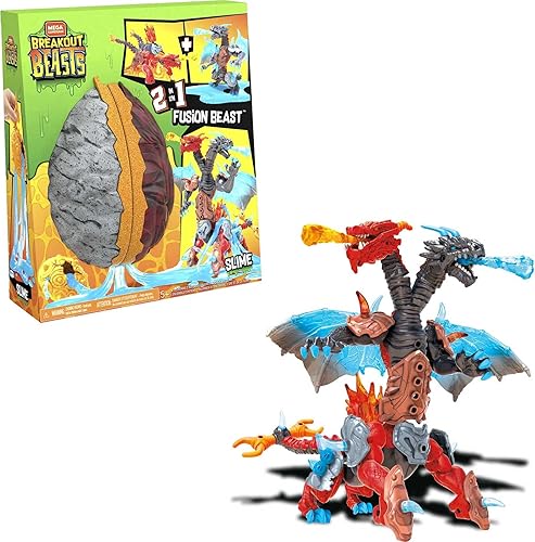 Mega Construx Breakout Beasts - Juego de construcción Fusion Beast 2 en 1 con 2 figuras para construir, slime para niños