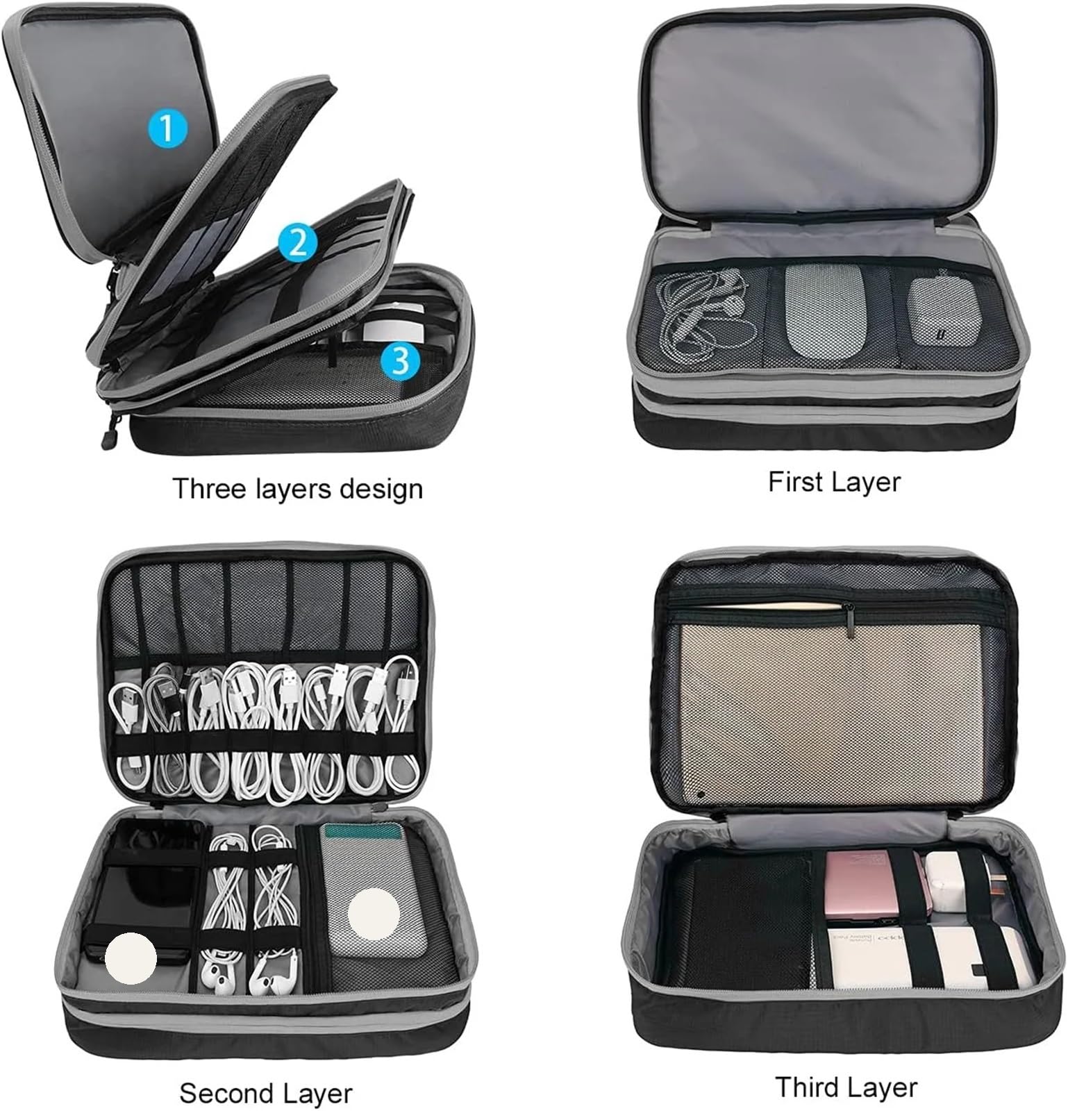 Borsa organizer for cavi portatile impermeabile, multistrato(Gray)