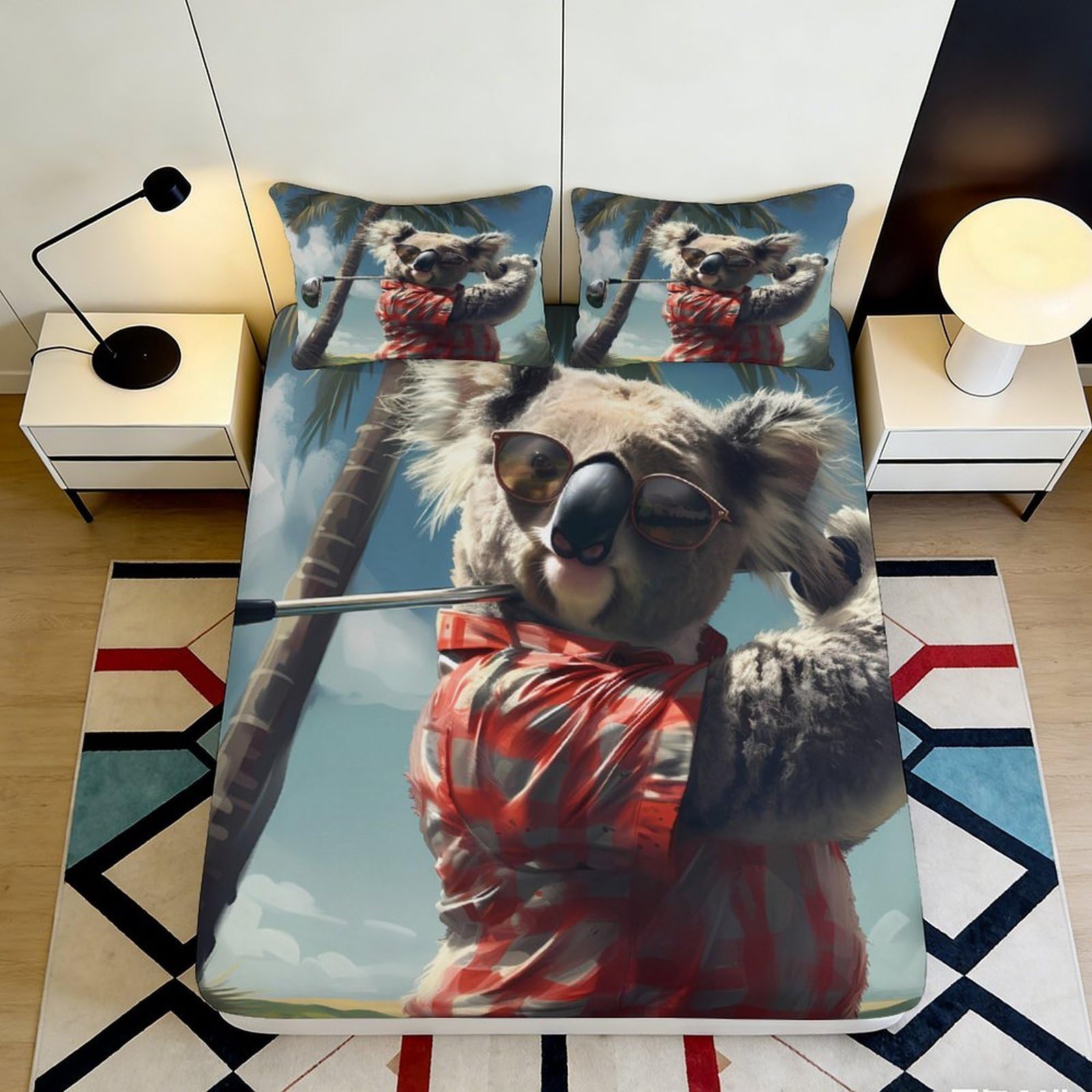 Uynsixtme Style-9 3D Printed Golf Koala Fitted Sheet Microfiber Deep Pocket Bedroom Bedding Koala Mattress Fitted Cover Non-Slip Washable For Adults Teens 140X200x25cm