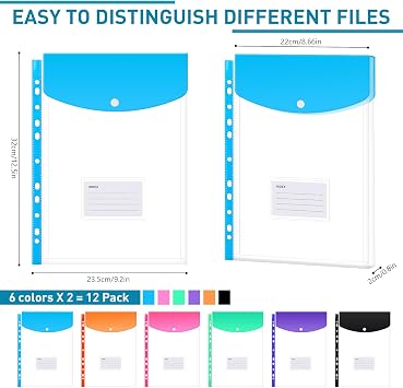 Lychico Plastic Wallets A4 Punched Pockets (12 Pack), 11 Holes Expandable Binder Folders for 2/3/4 Ring Document Pouch with Snap Button & Label Loose-Leaf Transparent for Office School Home