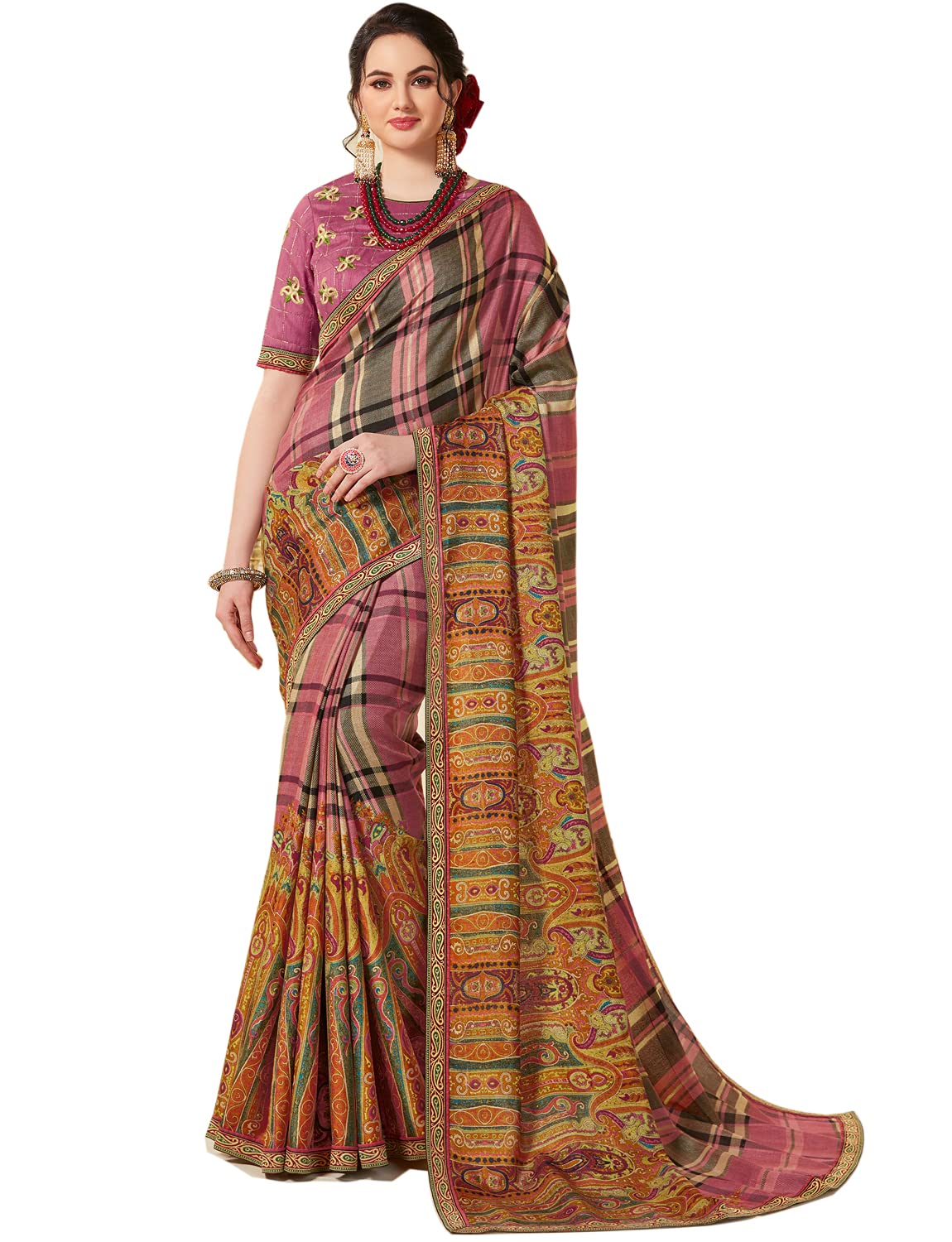 LAMI Women's Multicolor Digital Print on Crepe Chiffon Saree, Fancy Design with Fancy Woven Lace Border, Crepe Chiffon Sari
