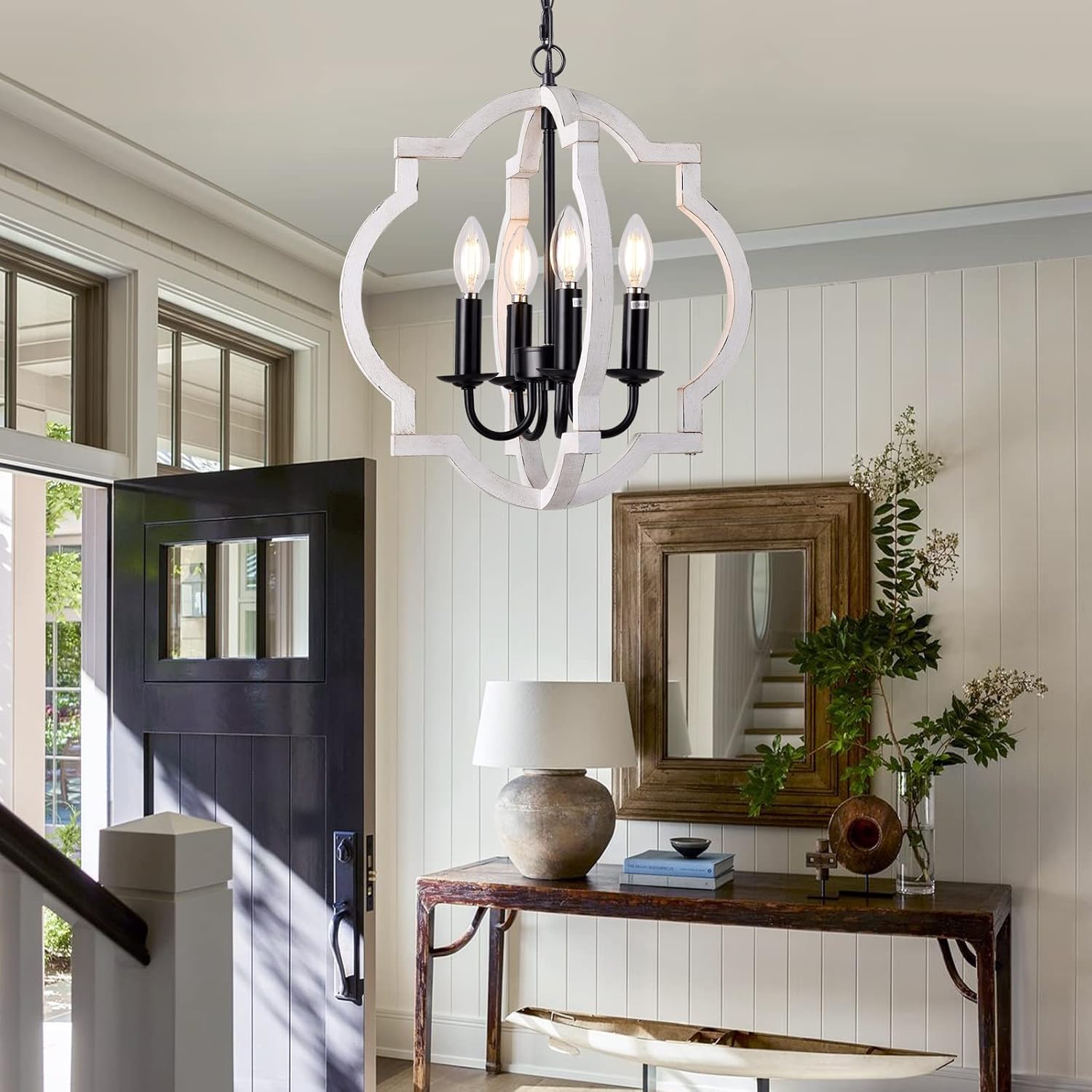 Plug in Chandelier with 16.4ft Cord,Plug in Pendant Light,Orb Wood Farmhouse Light fixtures,Outdoor Chandelier for Gazebo, 4 Light,White Color