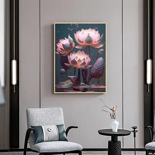 Miniatura 7 de Lunyloer Pintura de diamante 5D, kit de arte de pintura de diamante de loto para adultos, pintura de puntos de diamante de taladro completo, cuadros