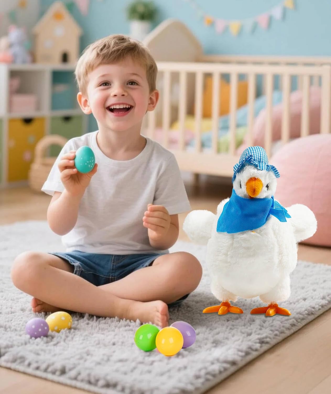 Singing Egg Laying Chicken Toy - Electric Plush Interactive Toy for Kids Easter Holiday Birthday Gift,White