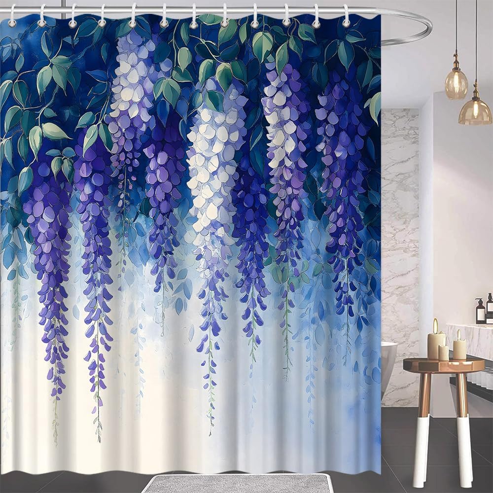 Purple Blue Floral Shower Curtain Spring Lavender Flower Weeping Wisteria Blossom Vine Leaves Watercolor Botanical Bathroom Polyester Curtains Set with Hooks 75x70 Inch