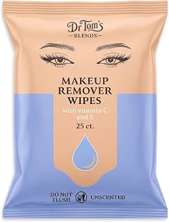 Dr. Tom’s Blends Hydrating Makeup Remover Wipes with Hyaluronic Acid, Vitamin C & E, Facial Towelettes for Sensitive Skin, Removes Waterproof Makeup, 30 Count (Fragrance-Free)