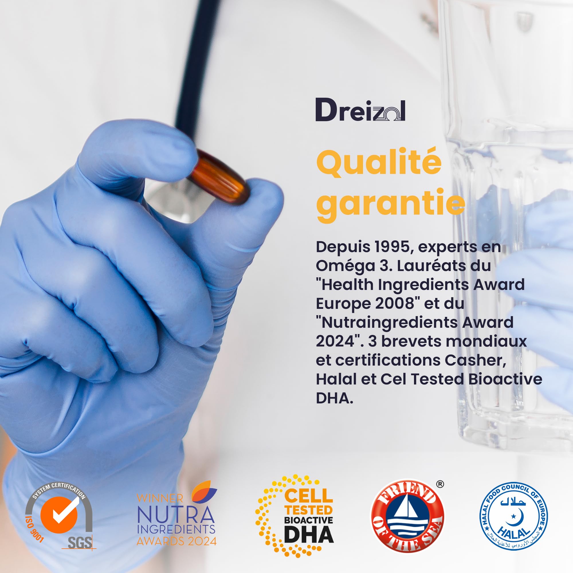 Brudy Lab Dreizol Omega 3 DHA 1500 avec EPA et DPA + Manganèse, Zinc et Cuivre - Haute Concentration - Renforce les Tissus Oculaires, Rétine, Santé Cardiaque et Cérébrale - 60 Capsules