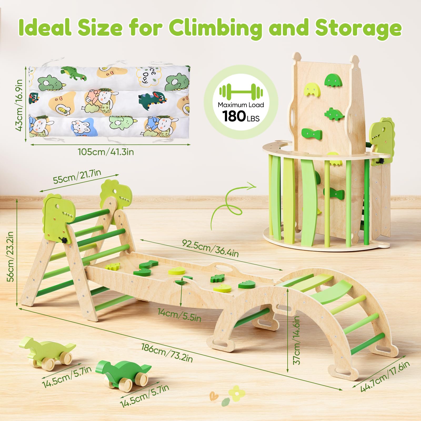 Giocattoli da arrampicata 7 in 1 per bambini,scale da arrampicata in legno,struttura da arrampicata pieghevole con scivolo,set da gioco da interno Montessori per bambini da1 a 3 anni (verde)