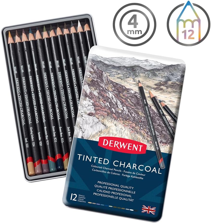 Derwent Tinted Charcoal Pencils, 4mm Core, Metal Tin, 12 Count (2301690)
