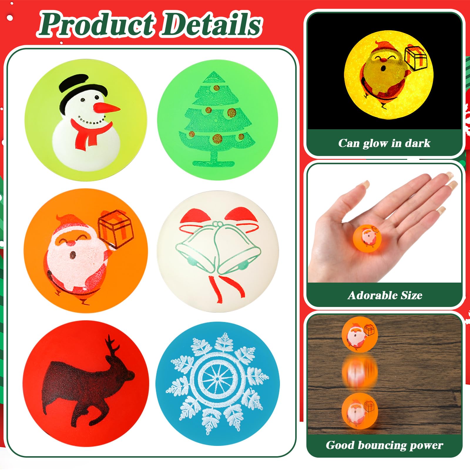 Junkin 100 Stück Weihnachtsflummis, leuchtet im Dunkeln, leuchtende Gummibälle, 3,2 cm, kleiner Hüpfball, Weihnachtsmann, Weihnachtsbaum, Schneemann, Hüpfbälle für Weihnachten, Party, Gastgeschenke,