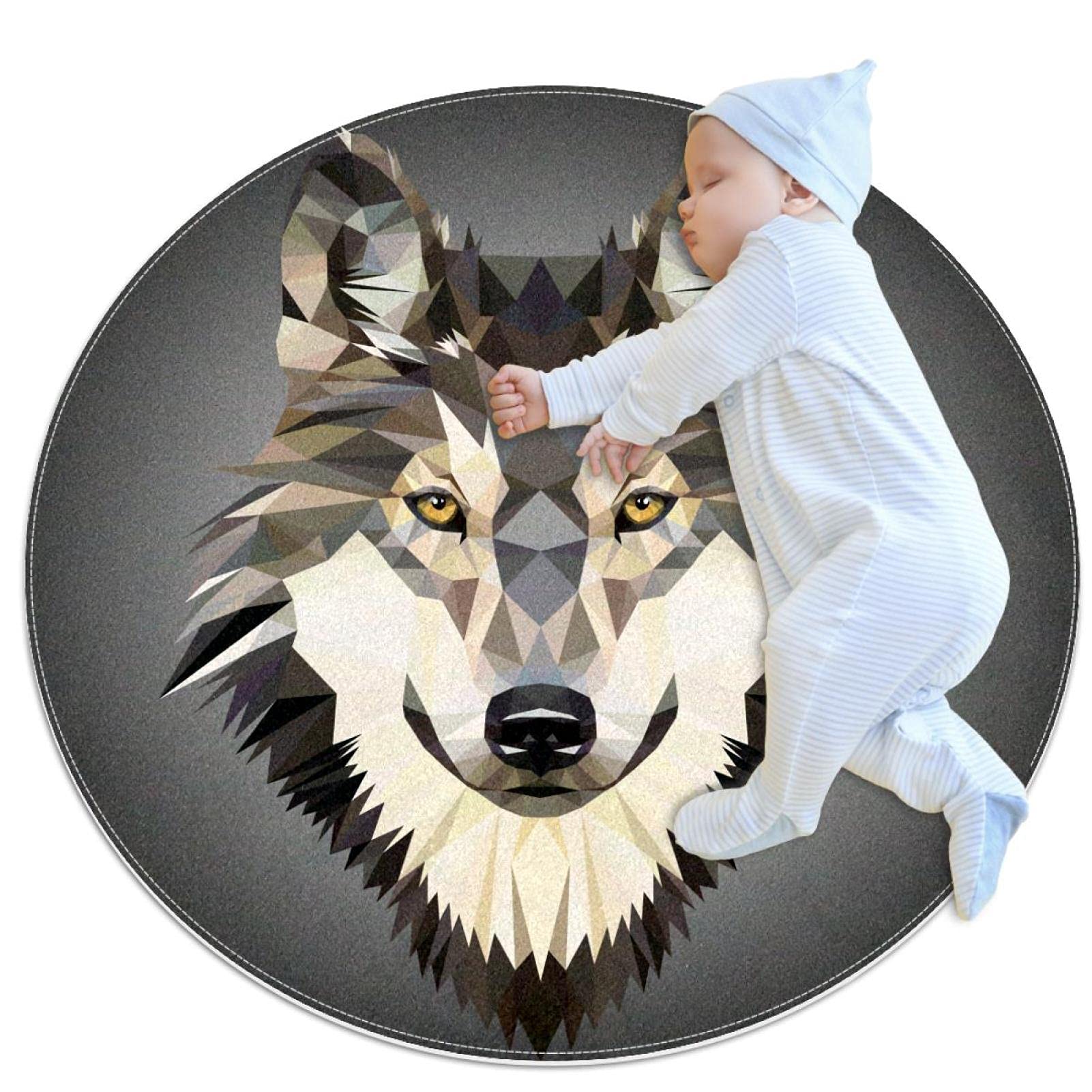 Tapis loup sauvage rond 100cm déco salon et chambre à coucher