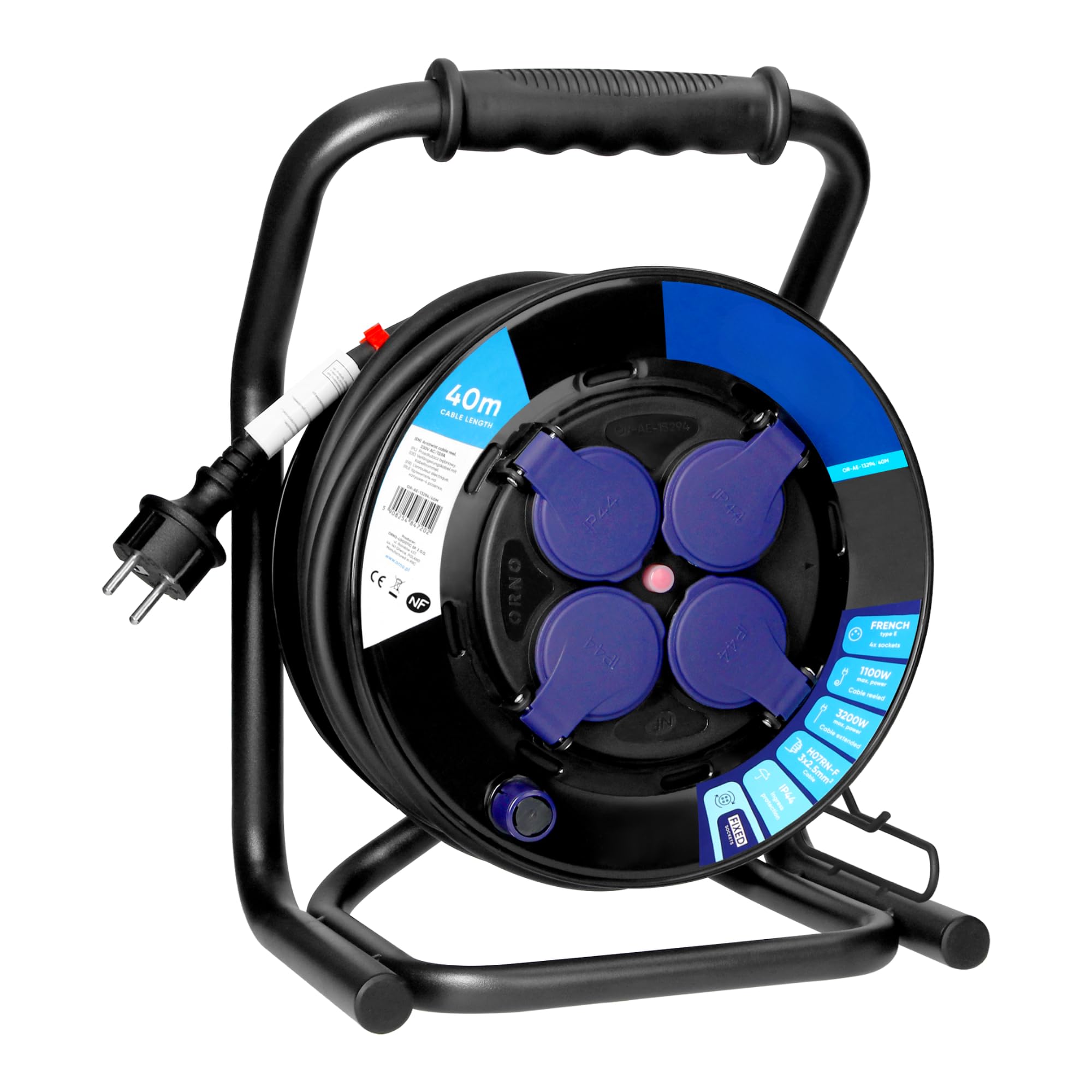 Przedłużacz Bębnowy 40m - 4 Gniazda ze Stykiem Ochronnym - Bolec (typ E) Olejoodporny Kabel H07RN-F 3 x 2,5 mm² Wyłącznik Termiczny System Anti-Twist Stojak Cube Ogród Warsztat Garaż IP44