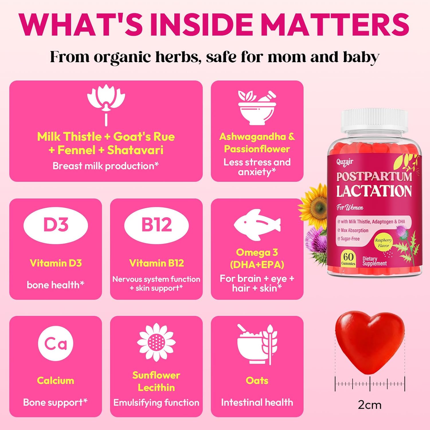 Lactation Supplement, Postpartum Lactation Support Gummies for Breastfeeding, with Milk Thistle and Postnatal Vitamins As Breast Milk Supply Booster, Recovery, Hair Growth, 60 Count Sugar Free & Vegan - Image 6