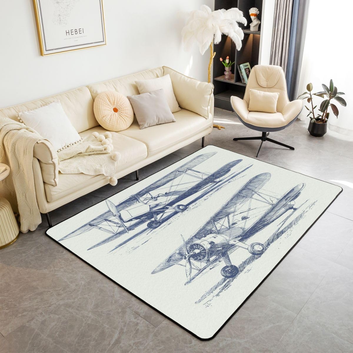 jejeloiu Kids Airplane Area Rug 5x7 Inch Flight Living Room Rugs for Boys Girls Teens Decor Travel Indoor Floor Mat Women Men Aircraft Blue and White Accent Rug