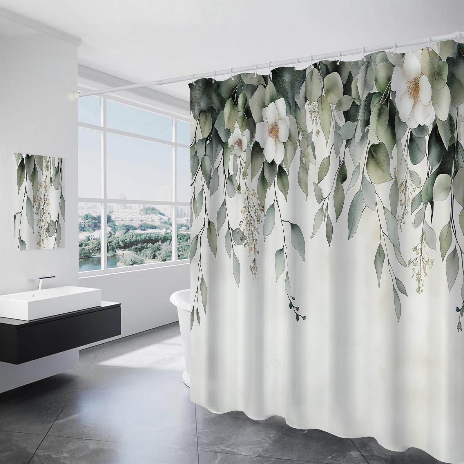 Rideau douche 180x180 cm eucalyptus et fleurs blanches avec crochets pour baignoire