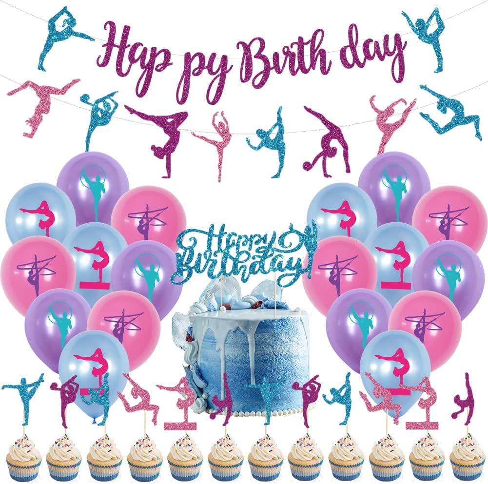33PCS Gymnastics Party Decoration Baby Shower Gender Reveal Party Supplies Gymnastics Birthday Party Supplies Including Banner,Latex Balloons,Cupcake Topper