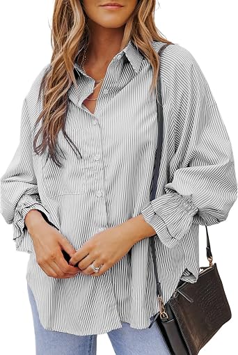 whoinshop Womens Striped Button Down Shirts Oversized Smocked Cuffed Boyfriend Shirt Puff Sleeve Blouse Top with 3 Pockets
