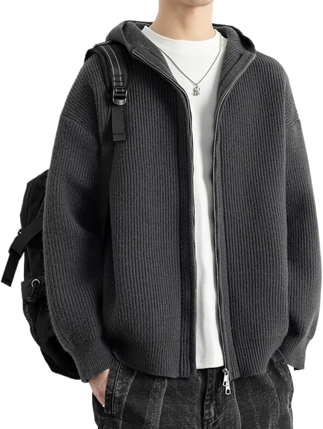 Hooded Zipper Sweater Men Autumn Winter Loose Couple Knitted Cardigans Solid Color Casual Knit Sweatercoat