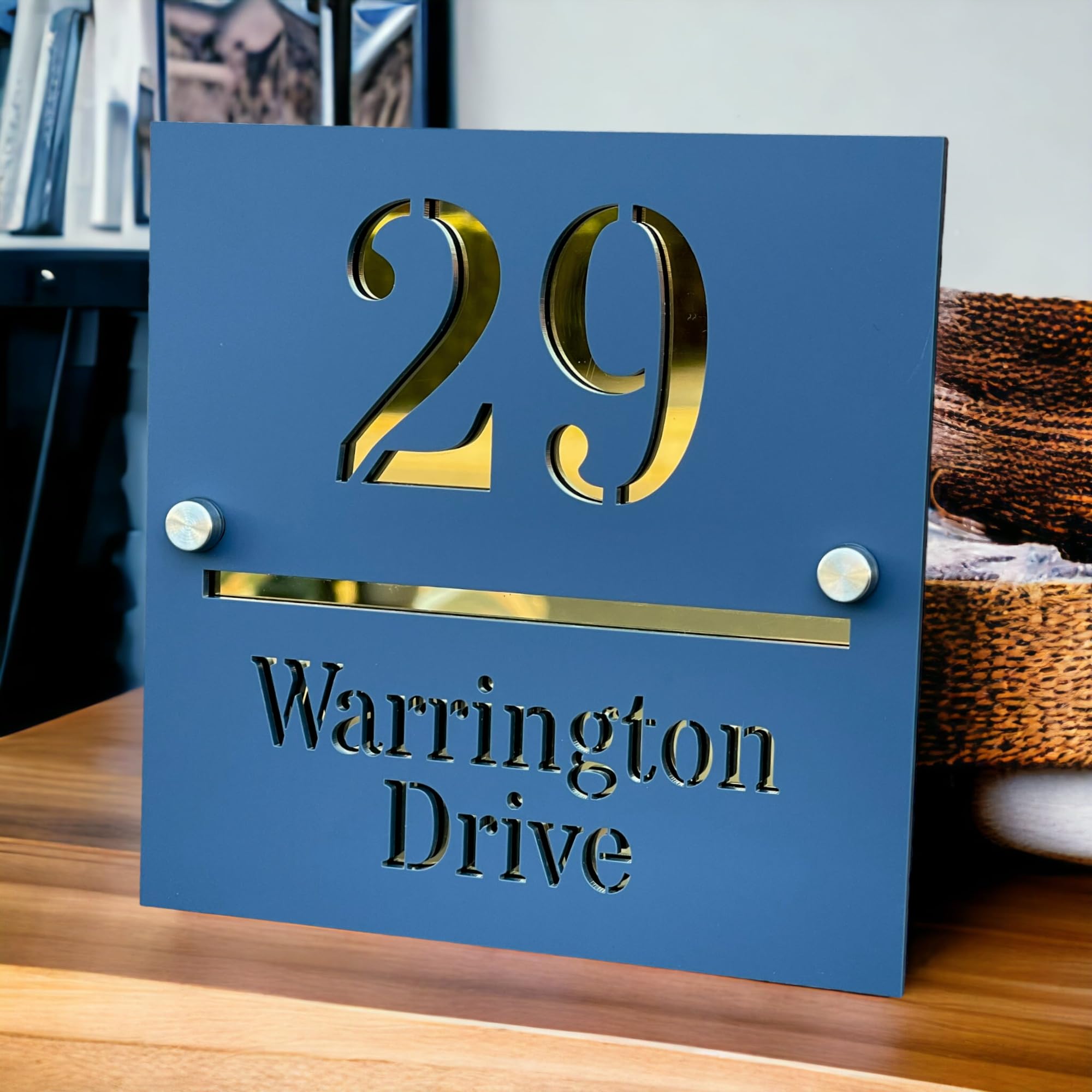 Contemporary House Sign Address Door Number Plaque Signs (Matt Denim Blue Finish) Laser Cut for 3D Effect (Denim Blue & Gold)