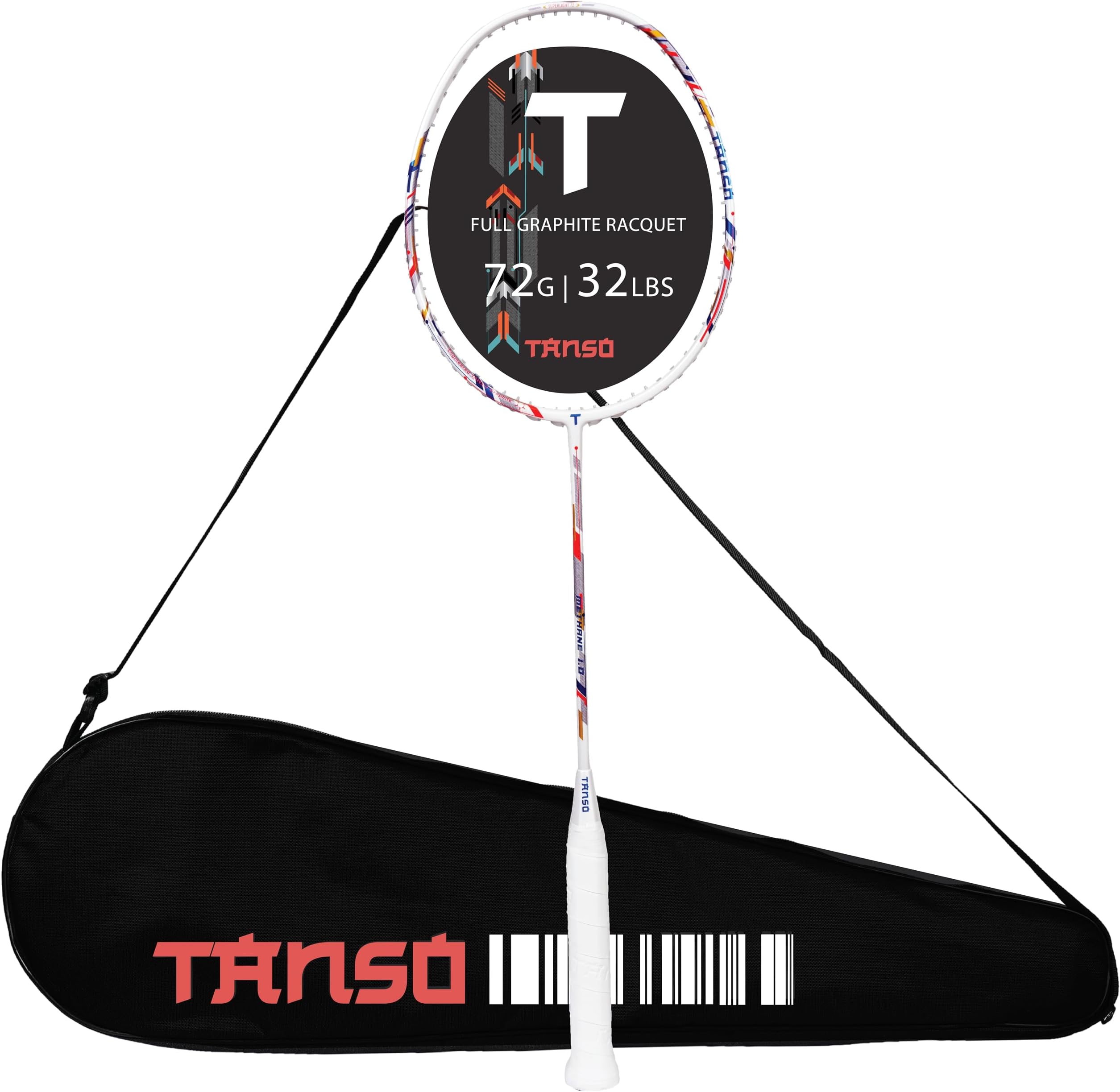 TANSO Methane 1.0 Full Graphite Ultra Light Weight Carbon Fibre Strung Badminton Racket with Free Full Racquet Cover (72 Grams, 32 Lbs Tension, Strung with premium strings)