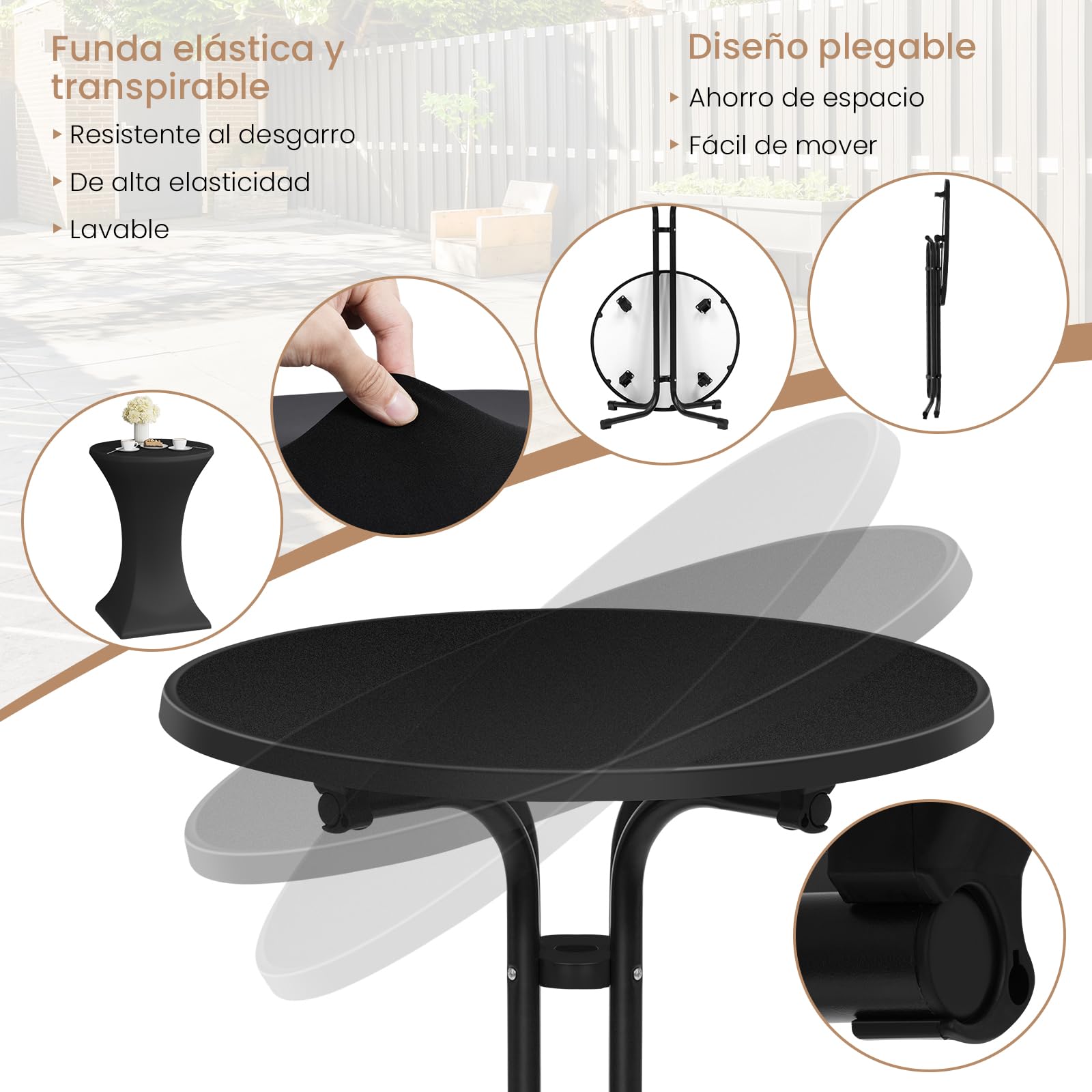 WOLTU Mesa de Bar Plegable, Mesita Redonda de Cóctel con Funda Elástica para Boda y Fiestas, con Patas Metálicas y Pie Ajustable, 70x110 cm, Negro Mate