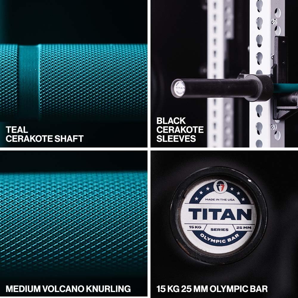 Titan Fitness TITAN Series 15KG Women's Olympic Barbell, 25mm Teal Cerakote Shaft, USA Made Multipurpose Bar for Weightlifting & Power Lifting Movements, Rated 1,500 LB