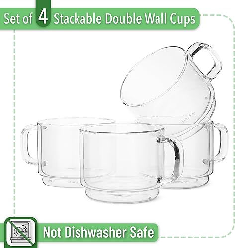 Miniatura 2 de BTT- Taza de café aislada apilable, grande, juego de 4 (16 onzas, 16.9 fl oz), tazas de café de vidrio de doble pared, tazas de té, taza de latte,