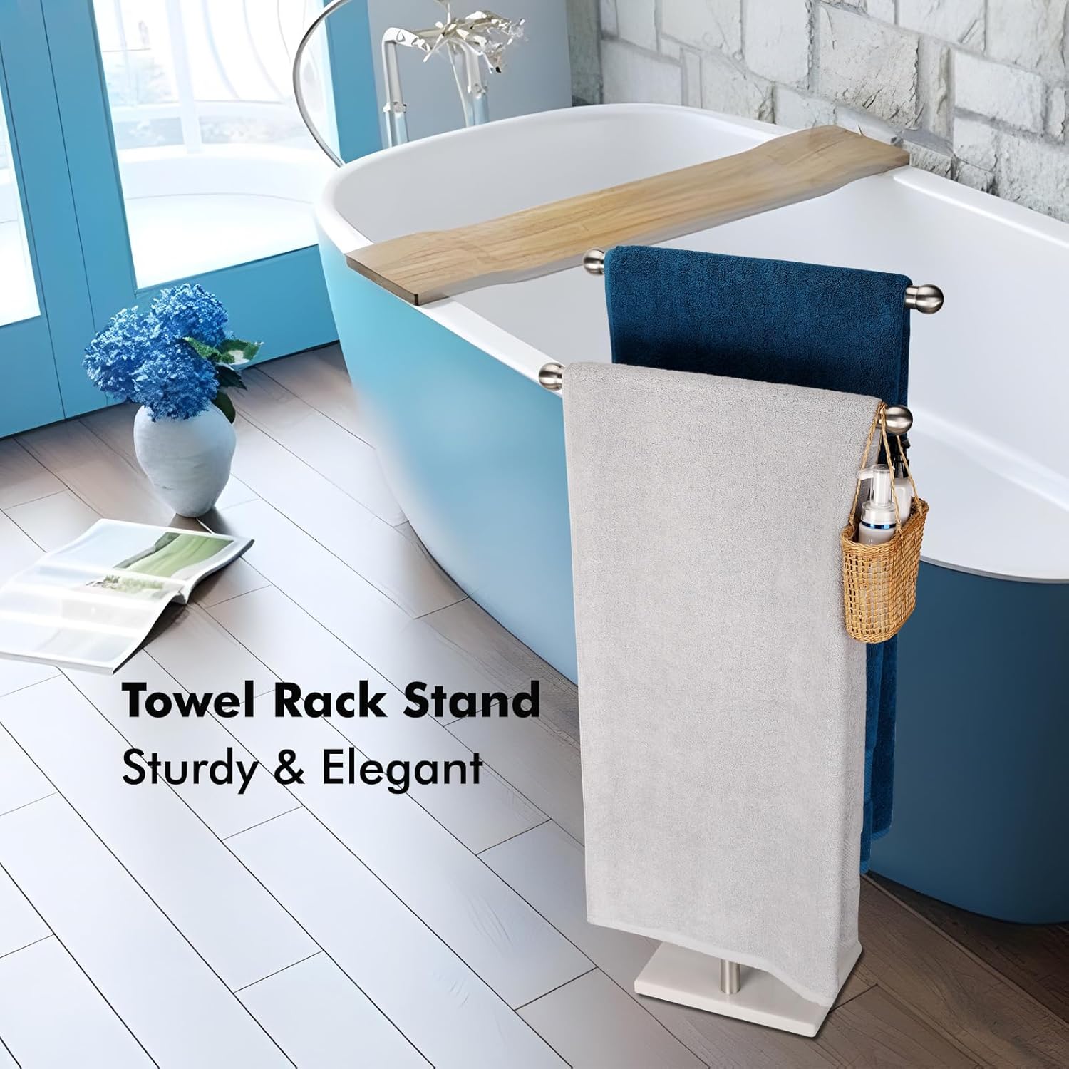 standing towel rack double-t shape tall bath towel sheet holder with marble design base for bathroom 2 tier towel holder stand stainless steel (brushed nickel)