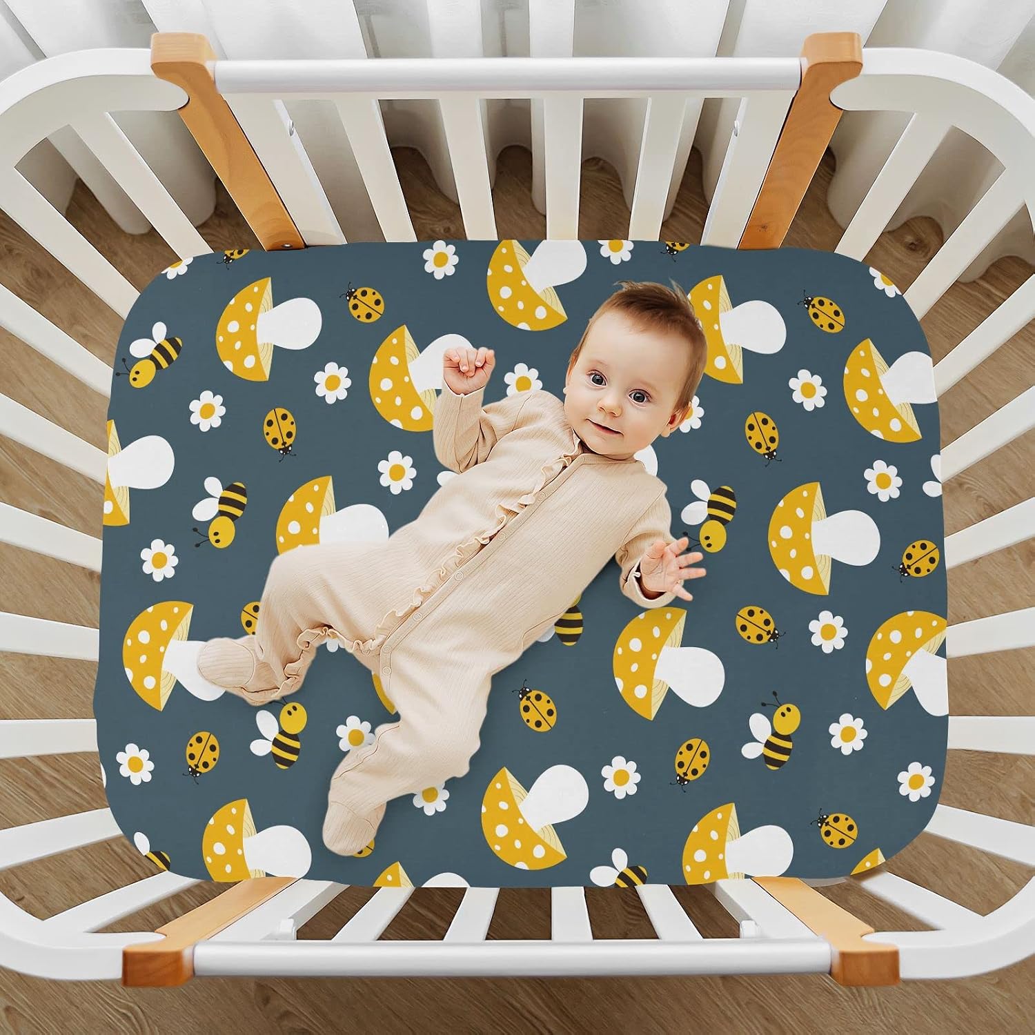 Fitted Crib Sheets Cartoon Bees Mushroom Stretchy Portable Playard Sheets for Baby Toddler, Breathable Soft Mini Crib Mattress 39 x 27 in for Boys and Girls