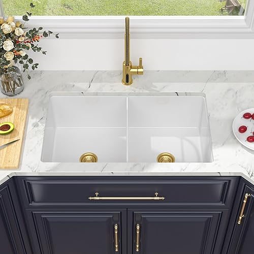 Kichae 32 White Undermount Kitchen Sink - 32x19 Inch Double Bowl Sink Undermount/Drop In Fireclay Ceramic Porcelain Dual Mount Double Basin 50/50 Dold Drain