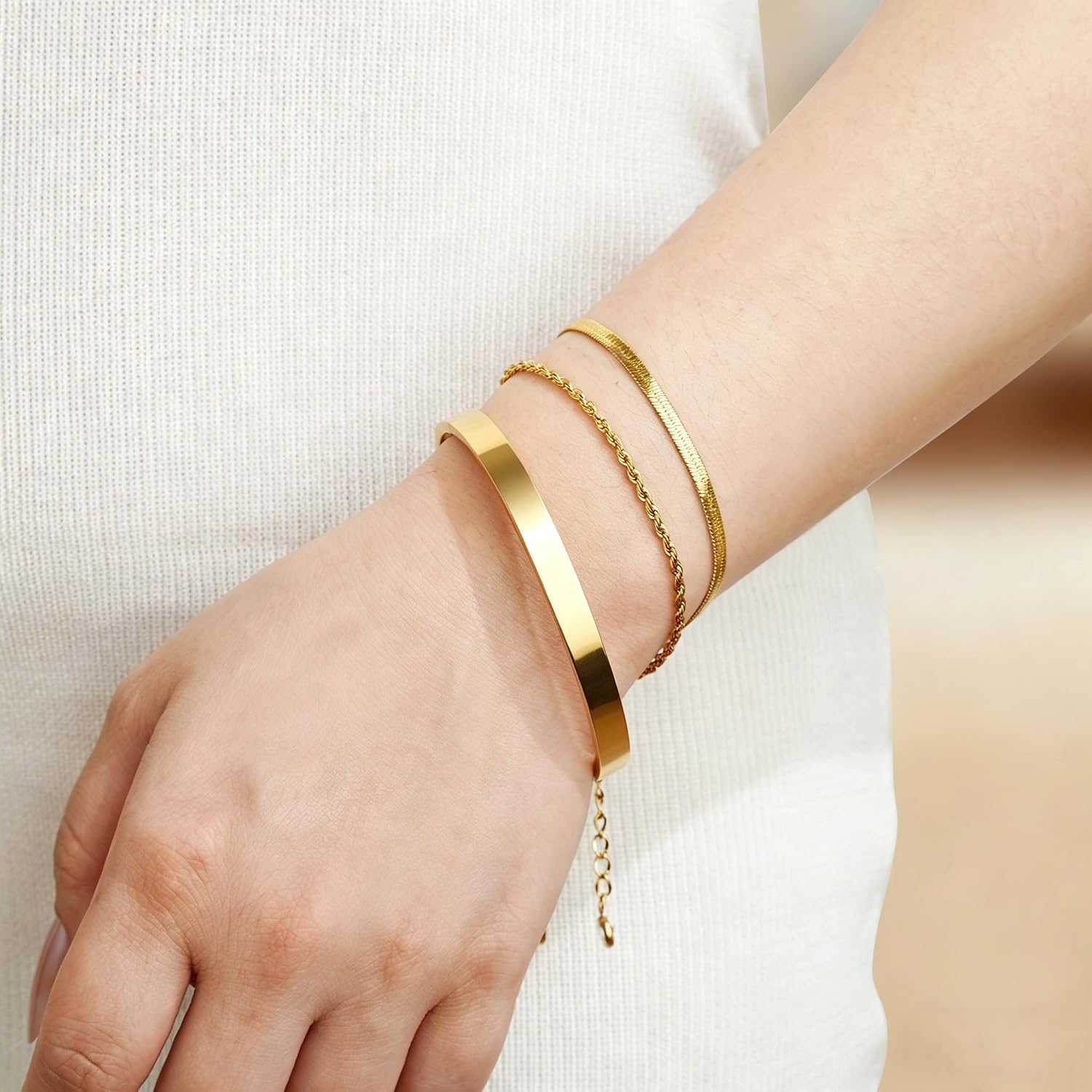 Waterproof Gold Bangle Bracelet sets for Women, 18K Gold PVD Plated Stainless Steel Stackable Bracelets Non Tarnish Oval Design, Minimalist Trendy Premium Jewelry