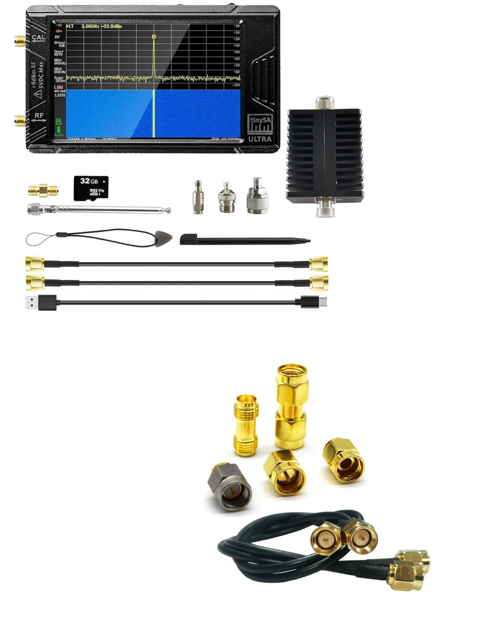 AURSINC 4inch TinySA Ultra Spectrum Analyzer with Attenuator&SMA Calibration Kits Test and jumper 2pcs
