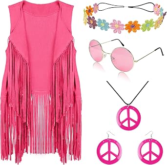 FunMular 60s 70s Outfits for Women Disco Hippie Costume Clothes Woman Peace Sign Earring Headband Fringe Vest Tassel Cardigan