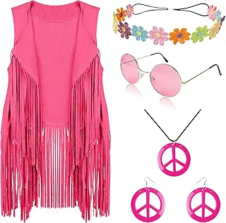 60s 70s Outfits for Women Disco Hippie Costume Clothes Woman Peace Sign Earring Headband Fringe Vest Tassel Cardigan - Buy now