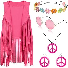 FunMular 60s 70s Outfits for Women Disco Hippie Costume Clothes Woman Peace Sign Earring Headband Fringe Vest Tassel Cardigan
