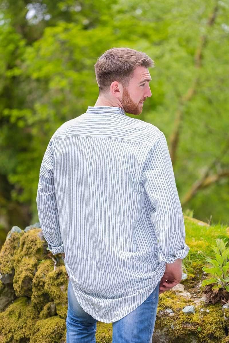 Flannel Cotton Grandfather Shirt LV2 Blue Ivory Stripe (Large)