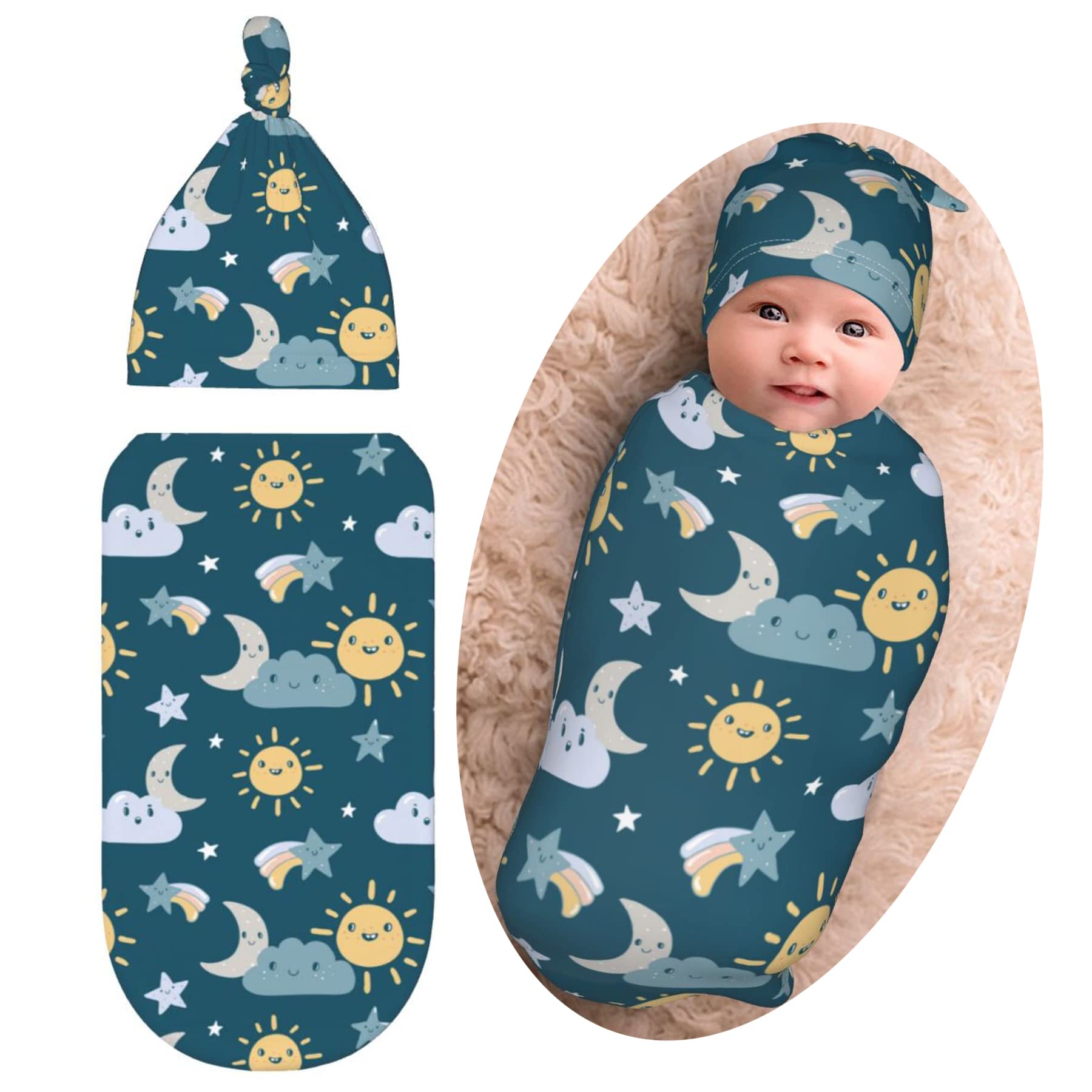 Sun Moon Stars Baby Stuff Swaddle Blanket Newborn Baby Swaddles Up Wrap Soft Transition Sleep Sacks Stretchy with Hat Gifts for Boy Girl Infant