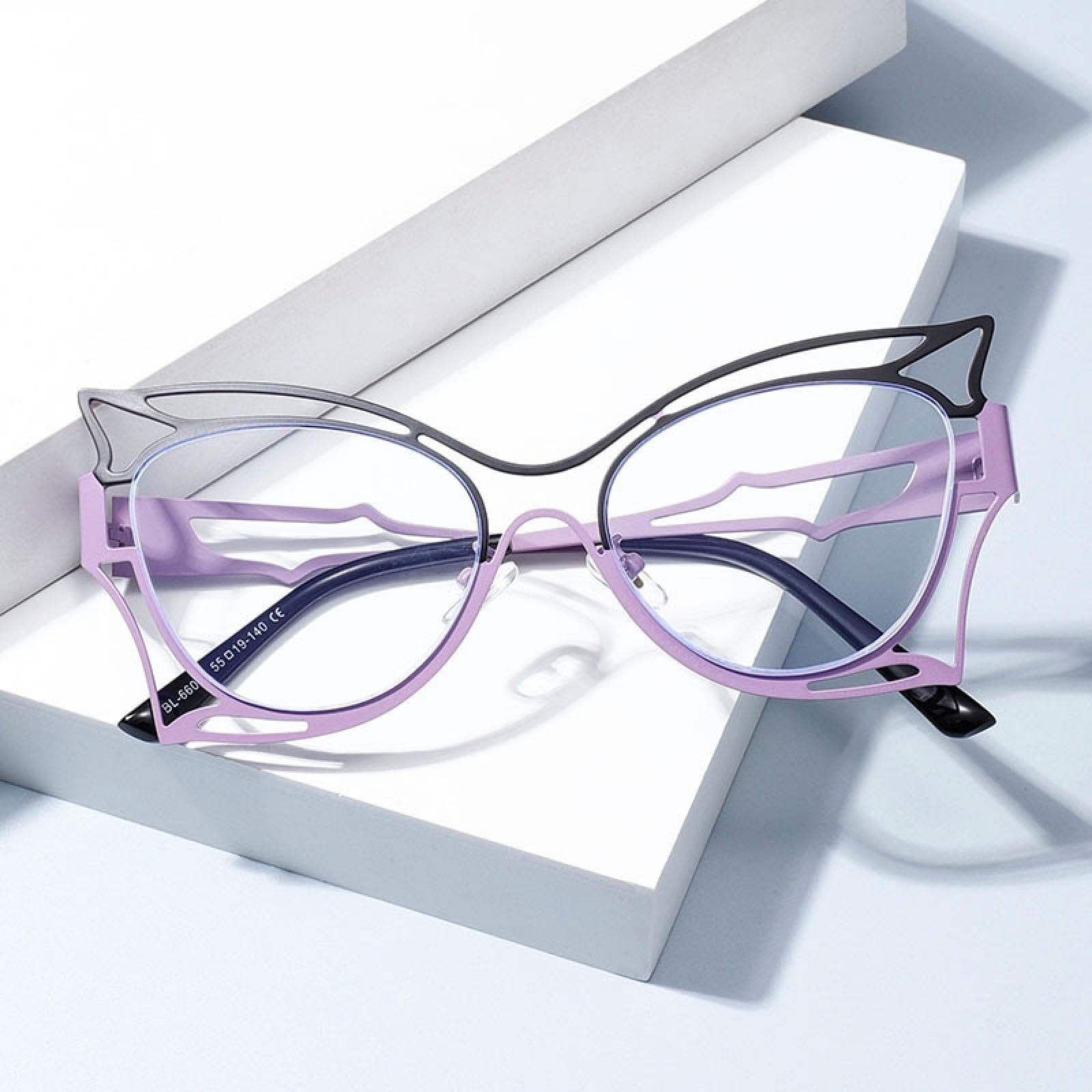 Montura de gafas de mariposa hueca para mujer, de metal con bloques de color