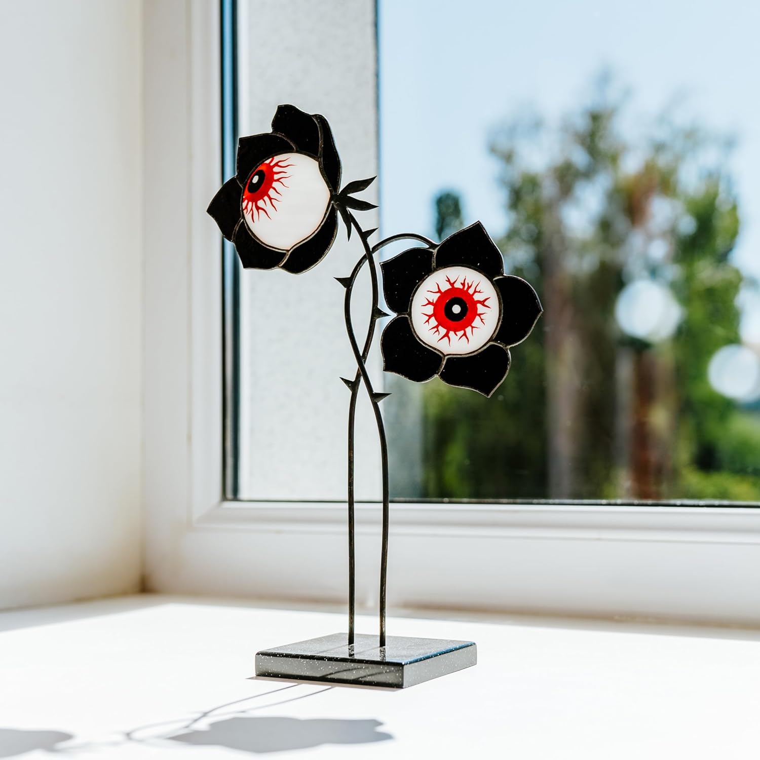 Stained Glass Halloween Eyeball Flower Suncatcher - Modern Halloween Decor for Home & Garden, Hallowen Ornament, Creepy and Gothic Decor, Size: 6.2 inch x 10.2 inch.