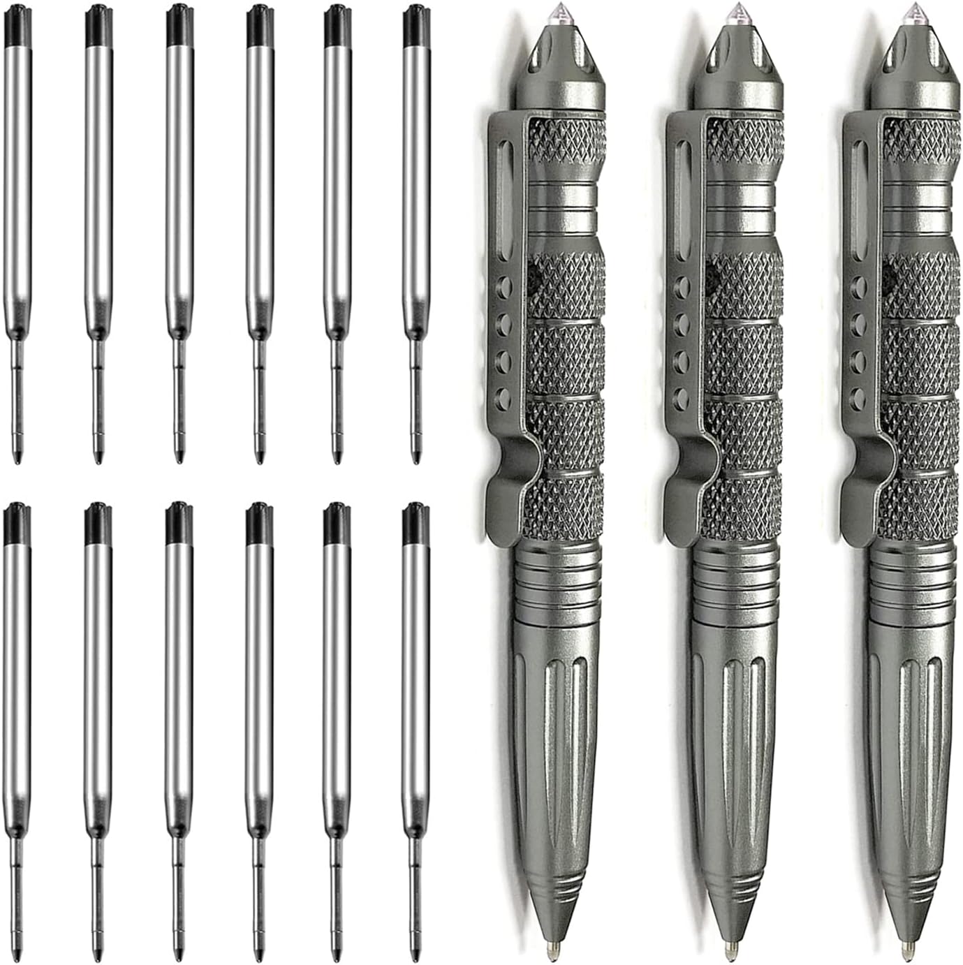 Origin-Pleasure 3 Pack Tungsten Metal Army Tactical Pen Set, Multifunctional EDC Self Protection Pen With 12 Ballpoint Refills (Grey)