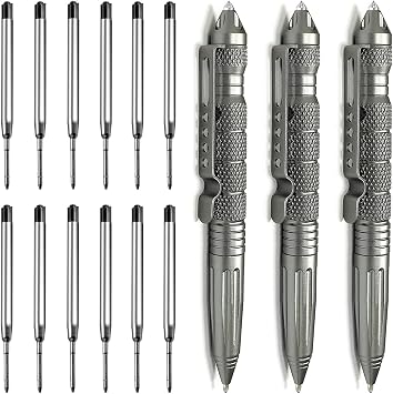 Origin-Joy 3 Pack Tungsten Steel Military Tactical Pen Set, Multifunctional EDC Self Defense Pen With 12 Ballpoint Refills Gray