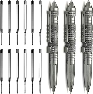 Origin-Joy 3 Pack Tungsten Steel Military Tactical Pen Set, Multifunctional EDC Self Defense Pen With 12 Ballpoint Refills (Gray)