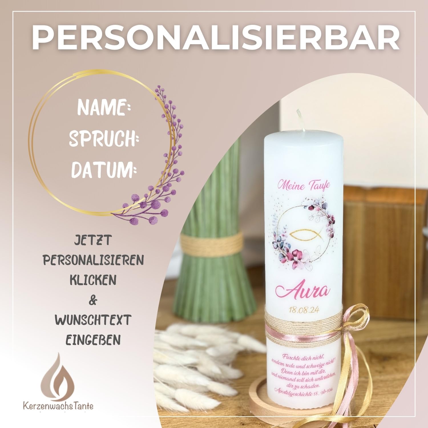 Taufkerze Kommunionkerze Eukalyptus Fisch 25x8cm – Wunschname Personalisierbar – Geschenk zur Taufe für Jungen & Mädchen – Handarbeit mit Schleife – salbei rosa gold