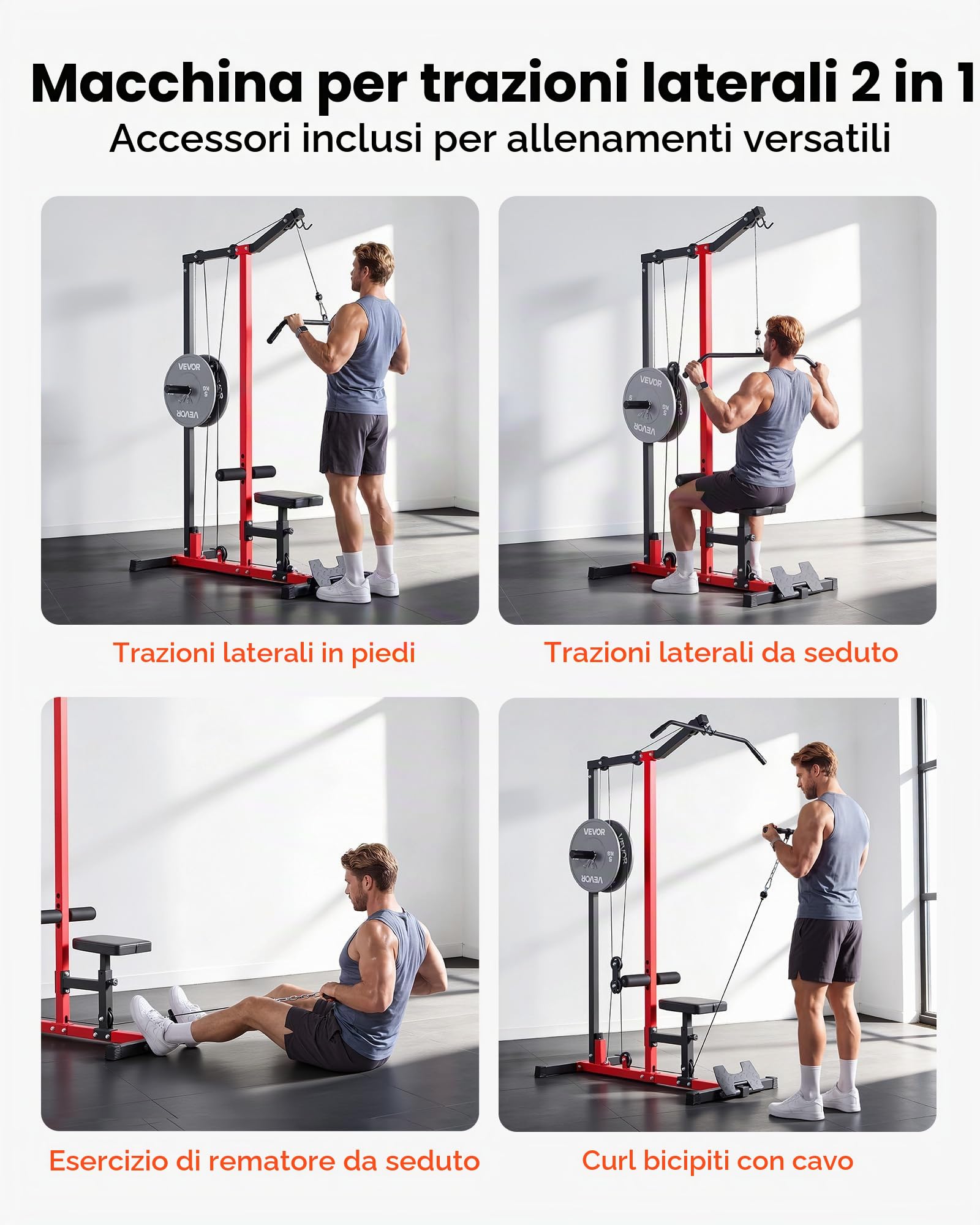 VEVOR LAT - Macchina per cavi 3 in 1, con sedile regolabile a 3 livelli, rullo in schiuma regolabile a 4 livelli, carico 400/226,8 kg, torre LAT per schiena, petto, tricipiti